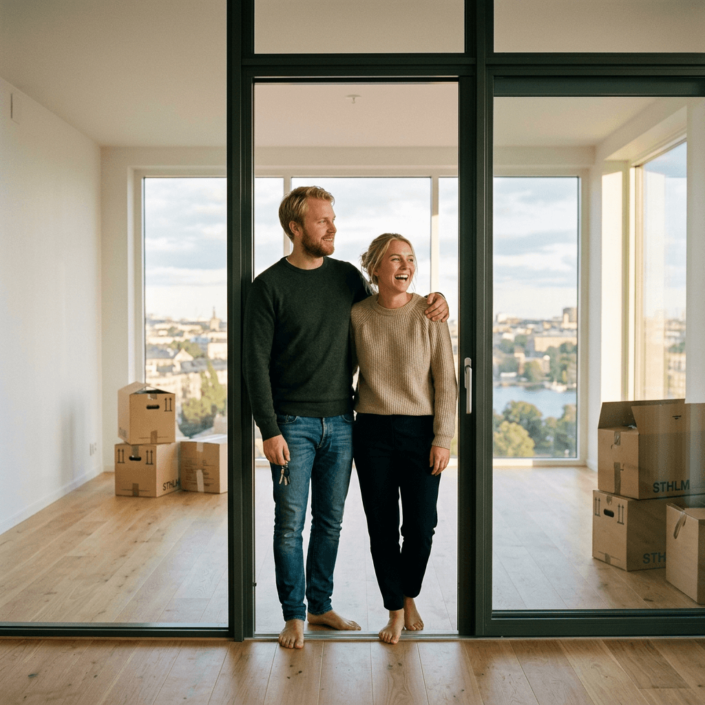 Ungt par står i dörröppningen till sin nya lägenhet med flyttlådor och utsikt över Stockholm