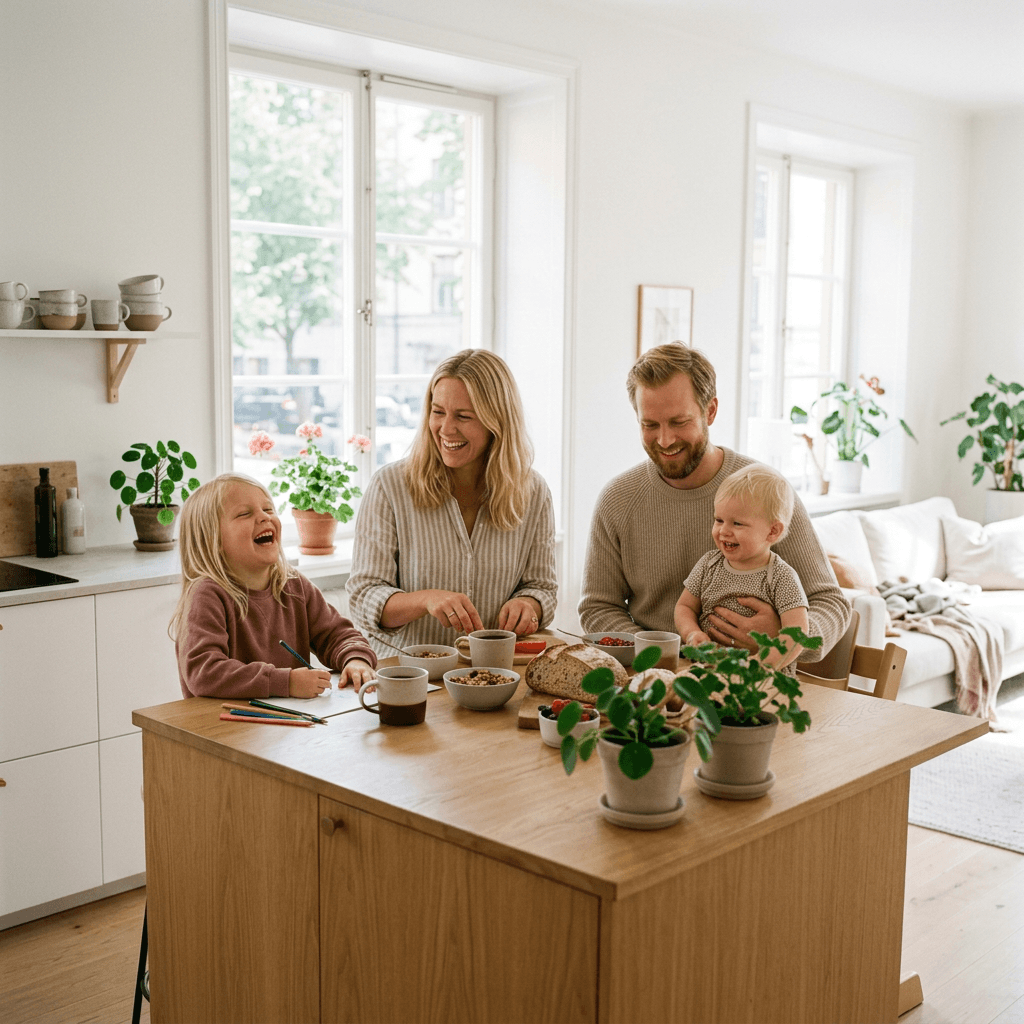 Ung familj njuter av frukost tillsammans vid köksön i en ljus skandinavisk lägenhet